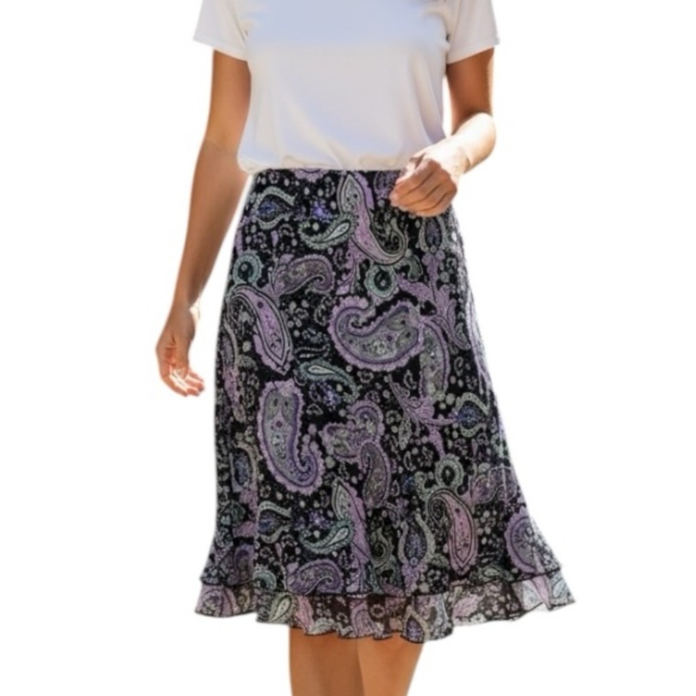 RL Richard Large Petite Elastic Waist Purple Paisley Midi Skirt Ruffle Y2K